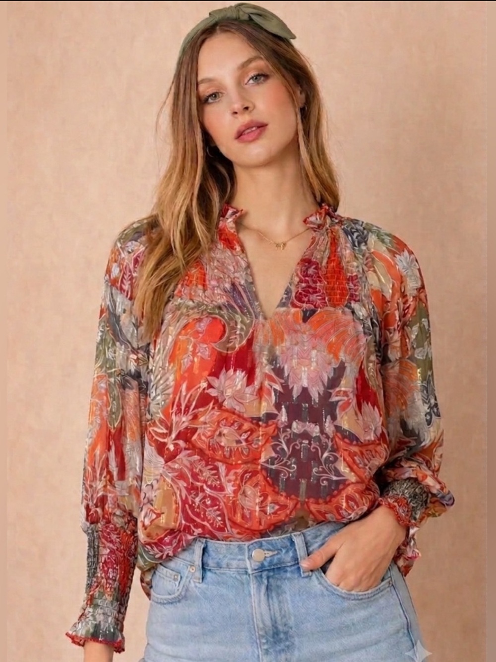 CHUFY Blouse $398 • 22” PTP • Bohemian Floral V-Neck fully lined NEW WITH TAGS